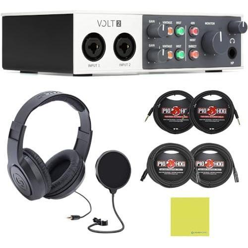 Universal Audio Volt 2 USB-C Audio Interface Bundle w/Samson Over-Ear Stereo Headphones, 2-Pack Pig Hog 8mm XLR Mic Cable, 2-Pack Pig Hog "Black Woven" Instrument Cable & Pop Filter