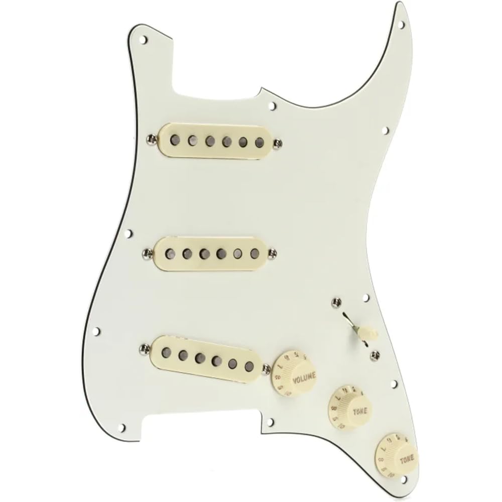 Fender Pre-Wired Strat® Pickguard, Custom Shop Fat 50's SSS, Parchment - 0992340509 Bundle w/ 12-Pack Guitar Pick and Liquid Audio Polishing Cloth