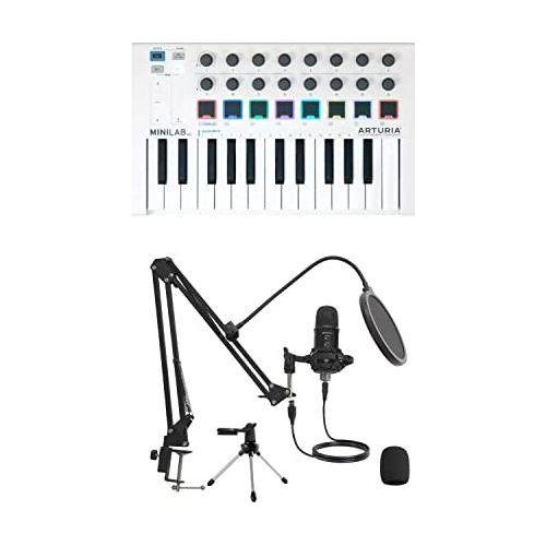 Arturia MiniLab MKII 25-Key MIDI Controller Keyboard WHITE and MIRFAK TU1 USB Microphone Professional Kit BUNDLE