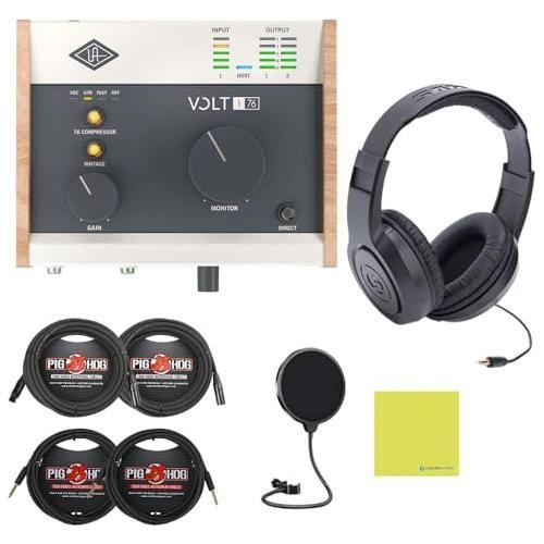 Universal Audio Volt 176 USB-C Audio Interface Bundle w/Samson Over-Ear Headphones, 2-Pack Pig Hog 8mm XLR Mic Cable, 2-Pack Pig Hog "Black Woven" Instrument Cable, & Pop Filter