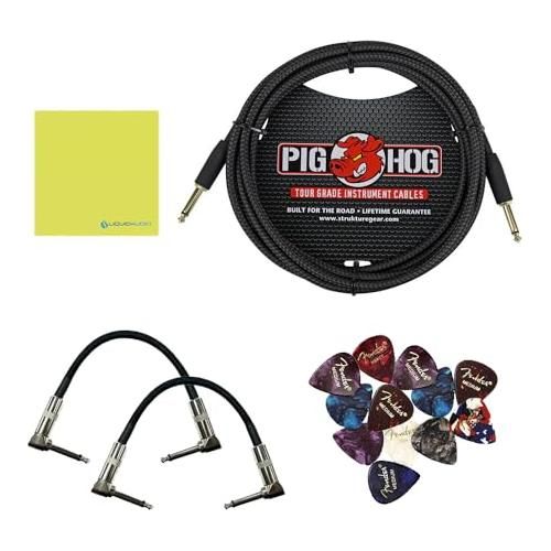 Boss DS-2 Turbo Distortion Pedal Bundle w/ 2-Pack Strukture S6P48 Woven Right Angle Patch Cable, Pig Hog PCH10BK "Black Woven" Instrument Cable, 12-Pack Guitar Pick and Liquid Audio Polishing Cloth