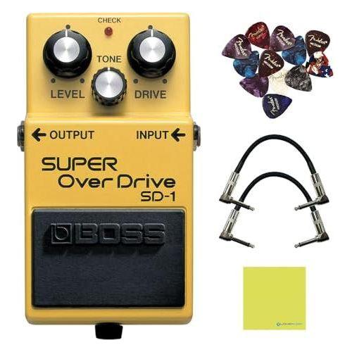 Boss SD-1 Legendary Super Overdrive Pedal Bundle w/2x Strukture S6P48 Woven Right Angle Patch Cables, 12x Guitar Picks and Liquid Audio Polishing Cloth