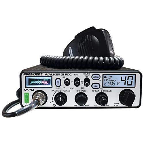 President Walker III FCC AM/FM CB Radio, USB Charging Socket, Roger Beep, Mic Gain, Scan/Scan Skip, 2 Programmable Priority Channels, Talkback Function, Weather Channel, 40 Channels