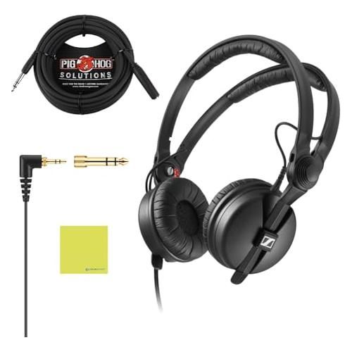 Liquid Audio Sennheiser HD25 Plus On-Ear Monitor Headphones, Black Bundle w/Pig Hog PHX14-25 1/4" Headphone Extension Cable Polishing Cloth