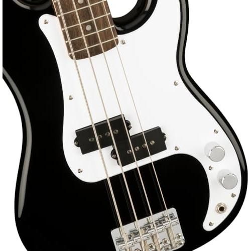 Squier Mini Precision Short Scale Bass Guitar, Indian Laurel Fingerboard, Black Bundle w/ 12 Picks & Liquid Audio Polishing Cloth