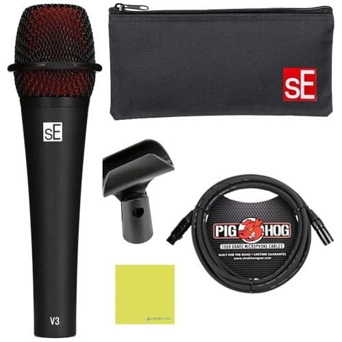 Liquid Audio sE Electronics V3 Cardioid Dynamic Vocal Microphone Bundle w/Pig Hog PHM10 8mm Mic Cable Polishing Cloth