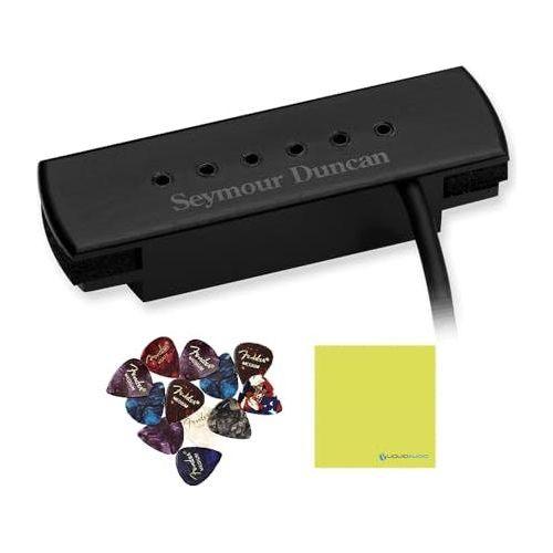 Seymour Duncan 11500-32-BLK Woody XL Acoustic Guitar Soundhole Pickup, Black Bundle w/12x Guitar Picks and Liquid Audio Polishing Cloth