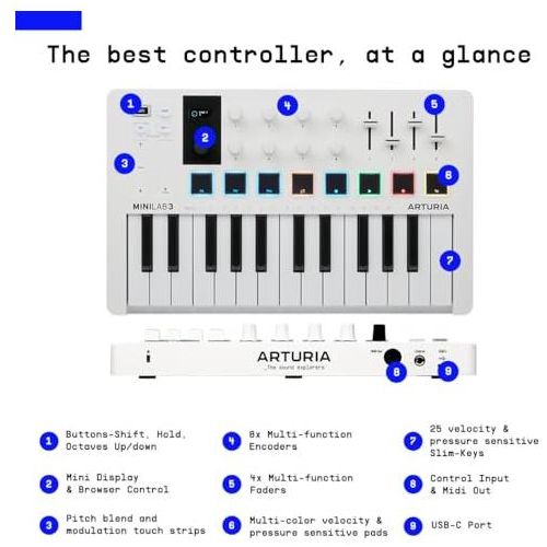 Arturia - MiniLab 3 Alpine - Universal MIDI Controller for Music Production, with All-in-One Software Package - 25 Keys, 8 Multi-Color Pads