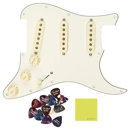 Fender Pre-Wired Strat® Pickguard, Original '57/'62 SSS, Parchment Bundle w/ 12x Picks and Liquid Audio Polishing Cloth