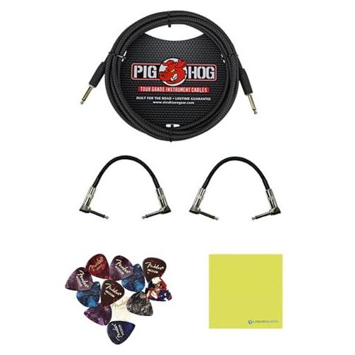 Boss SD-1W SUPER OverDrive Pedal Bundle w/ 2-Pack Strukture S6P48 Woven Right Angle Patch Cable, Pig Hog PCH10BK "Black Woven" Instrument Cable, 12-Pack Guitar Pick and Liquid Audio Polishing Cloth