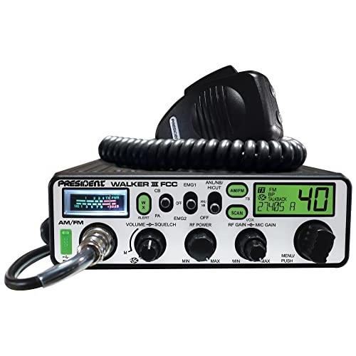 President Walker III FCC AM/FM CB Radio, USB Charging Socket, Roger Beep, Mic Gain, Scan/Scan Skip, 2 Programmable Priority Channels, Talkback Function, Weather Channel, 40 Channels