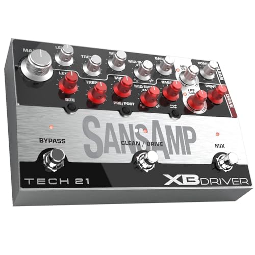 Tech 21 SansAmp XB Driver Bass Preamp Bundle with 2 Right Angle Patch Cables, 12 Guitar Picks, 9V Power Adapter & Polishing Cloth – Versatile Tone Shaping, Analog Amp Emulation, DI Output