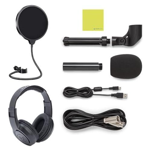 Samson Q2U USB/XLR Dynamic Microphone Bundle with Over Ear Samson Stereo Headphones SR350, Pop Filter, Desktop Tripod, Mic Clip a Windscreen, USB Cable, XLR Cable & Polishing Cloth