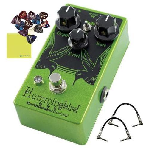 EarthQuaker Devices Hummingbird V4 Repeat Percussions Tremolo Pedal Bundle w/2x Strukture S6P48 Woven Right Angle Patch Cables, 12x Guitar Picks and Liquid Audio Polishing Cloth