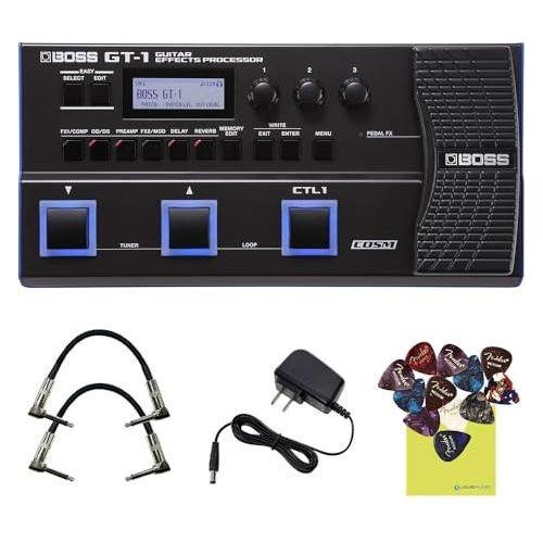 Boss GT-1 Guitar Effects Processor Bundle w/2x Strukture S6P48 Woven Right Angle Patch Cables, 12x Guitar Picks, 9V Power Adapter and Liquid Audio Polishing Cloth