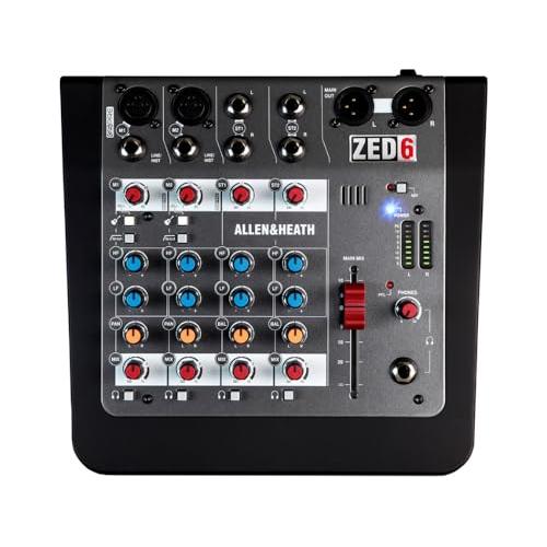 Allen & Heath Mixer AH-ZED6 Ultra Compact 6-Input Audio Mixer for Live Performers Bundle with 2x Pig Hog PHM15 XLR Microphone Cable 15ft, Power Cable & Liquid Audio Polishing Cloth - 6 Channel Mixer