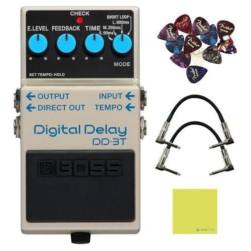 Boss DD-3T Iconic Digital Delay Pedal Bundle w/2x Strukture S6P48 Woven Right Angle Patch Cables, 12x Guitar Picks and Liquid Audio Polishing Cloth