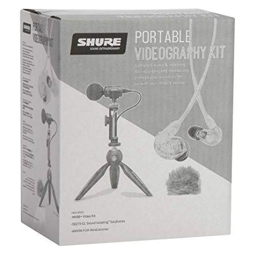 Shure Portable Videography Kit - Professional Recording Rig with MV88+ iPhone Mic, Manfrotto PIXI Tripod, Phone Clamp, Mount, AMV88-Fur Windjammer and SE215 PRO Sound Isolating Earbuds (MV88+SE215-CL)