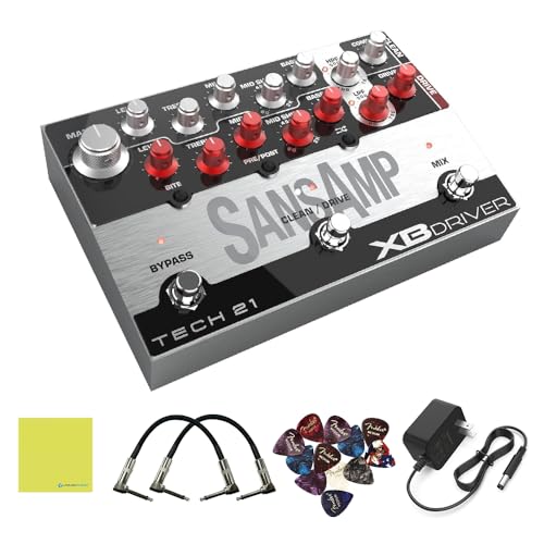 Tech 21 SansAmp XB Driver Bass Preamp Bundle with 2 Right Angle Patch Cables, 12 Guitar Picks, 9V Power Adapter & Polishing Cloth – Versatile Tone Shaping, Analog Amp Emulation, DI Output