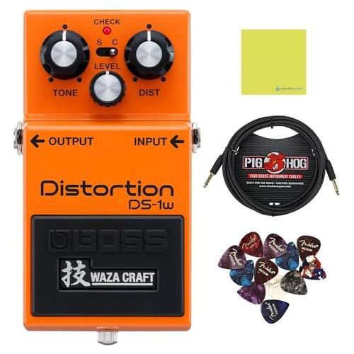 Boss DS-1W Distortion Pedal Bundle w/Pig Hog PCH10BK "Black Woven" Instrument Cable, 12-Pack Guitar Pick and Liquid Audio Polishing Cloth