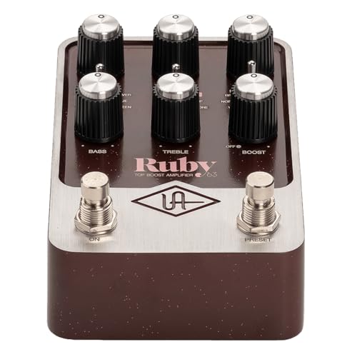 Universal Audio UAFX Ruby '63 Top Boost Amplifier Bundle with 2 Right Angle Patch Cables, 9V Power Adapter, 12 Guitar Picks, and Polishing Cloth – Vintage British Tube Amp Tones, Dynamic Response