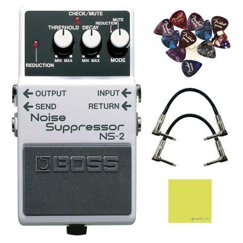 Boss NS-2 Noise Supressor Pedal Bundle w/2x Strukture S6P48 Woven Right Angle Patch Cables, 12x Guitar Picks and Liquid Audio Polishing Cloth