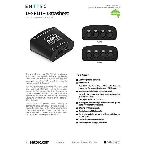 Enttec D-Split 70579 DMX 4 Port Isolated Splitter / Isolator (5-Pin)