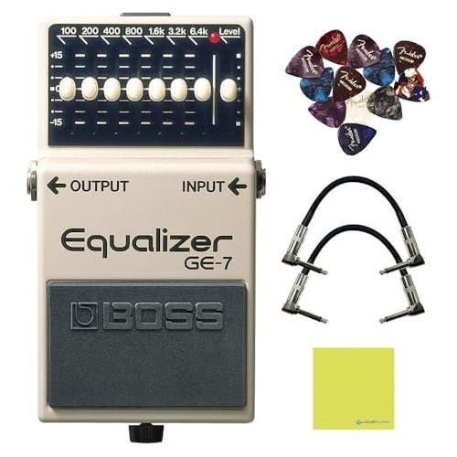 Boss GE-7 Powerful 7-Band Graphic Equalizer Pedal Bundle w/2x Strukture S6P48 Woven Right Angle Patch Cables, 12x Guitar Picks and Liquid Audio Polishing Cloth