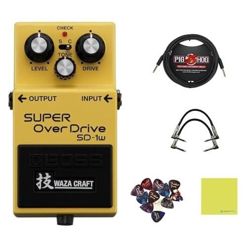 Boss SD-1W SUPER OverDrive Pedal Bundle w/ 2-Pack Strukture S6P48 Woven Right Angle Patch Cable, Pig Hog PCH10BK "Black Woven" Instrument Cable, 12-Pack Guitar Pick and Liquid Audio Polishing Cloth