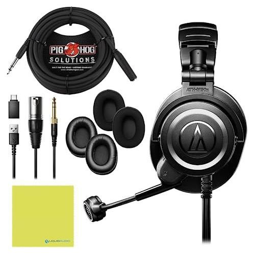 Liquid Audio Audio-Technica ATH-M50XSTS StreamSet Streaming Headset Bundle with Pig Hog 25' Headphone Extension Cable, Polishing Cloth