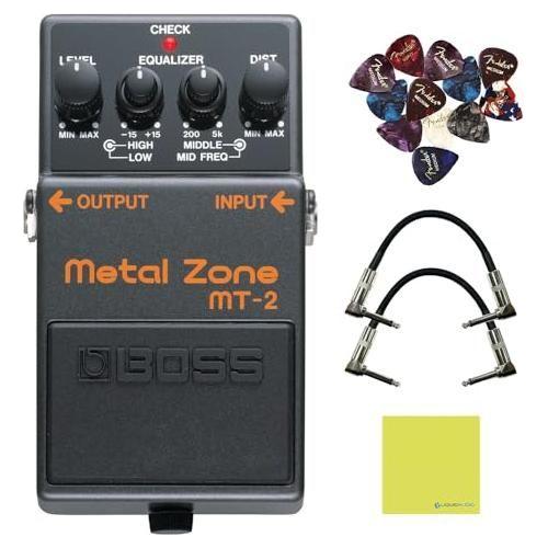 Boss MT-2 Metal Zone Distortion Pedal Bundle w/2x Strukture S6P48 Woven Right Angle Patch Cables, 12x Guitar Picks and Liquid Audio Polishing Cloth