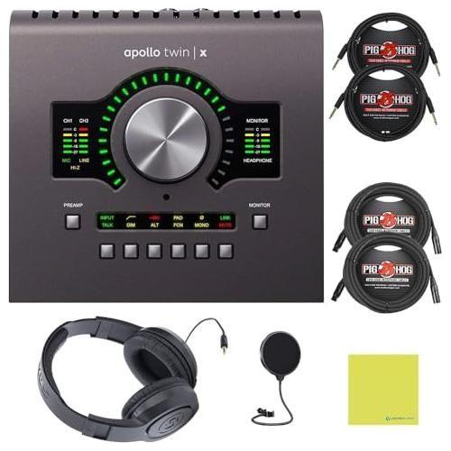 Universal Audio Apollo Twin X Quad Heritage Edition Audio Interface Bundle w/Samson Over-Ear Headphones, 2-Pack Pig Hog 8mm XLR Mic Cable, 2-Pack Pig Hog "Black Woven" Instrument Cable & Pop Filter