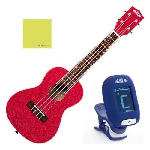 Kala Ritzy Red Sparkle Concert Ukulele, KA-SPRK-RED Bundle w/Kala KKBL Klipz Tuner in Blue and Liquid Audio Polishing Cloth