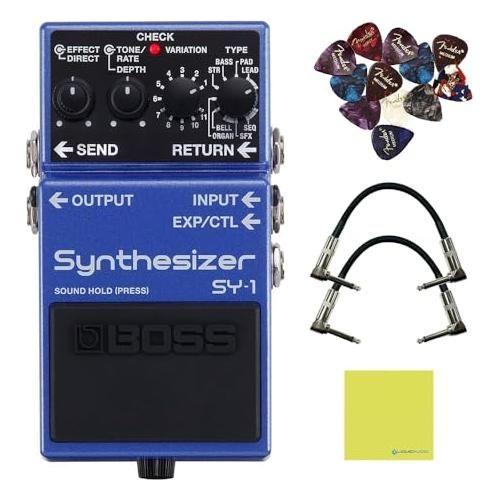 Boss SY-1 Guitar Synthesizer Pedal Bundle w/2x Strukture S6P48 Woven Right Angle Patch Cables, 12x Guitar Picks and Liquid Audio Polishing Cloth