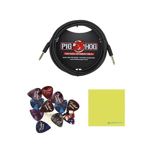 Fender Rumble™ 500 Bass Combo Amplifier, 120V, Black and Silver, 2370600000 Bundle w/Pig Hog PCH10BK “Black Woven” Instrument Cable, 12-Pack Guitar Picks & Liquid Audio Polishing Cloth