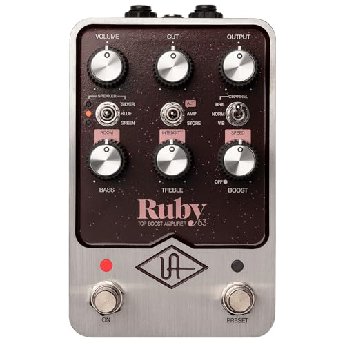 Universal Audio UAFX Ruby '63 Top Boost Amplifier Bundle with 2 Right Angle Patch Cables, 9V Power Adapter, 12 Guitar Picks, and Polishing Cloth – Vintage British Tube Amp Tones, Dynamic Response