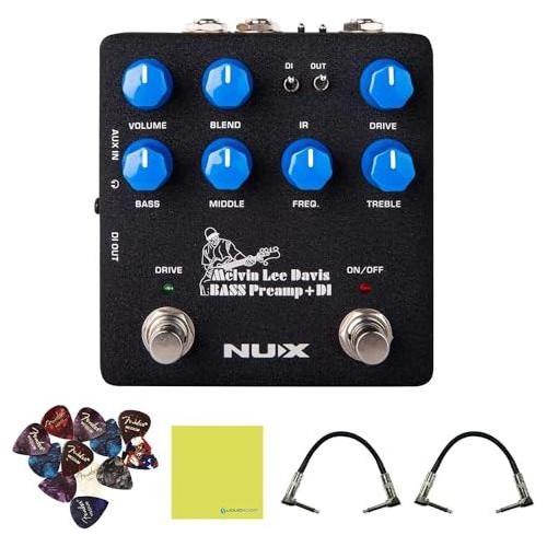 NUX Melvin Lee Davis Bass Preamp + DI Bundle w/2x Strukture S6P48 Woven Right Angle Patch Cables, 12x Guitar Picks and Liquid Audio Polishing Cloth