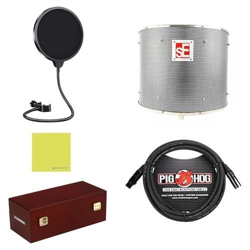 Liquid Audio Neumann U 87 AI Large-diaphragm Condenser Studio Microphone Bundle w/sE Electronics RF Reflexion Filter Pro, Pig Hog PHM10 8mm Mic Cable, Pop Filter Polishing Cloth