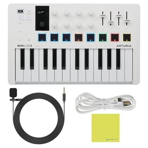 Arturia MiniLab 3 Mini Hybrid Keyboard Controller Bundle w/Omni Lavalier Mic, USB Cable & Liquid Audio Polishing Cloth