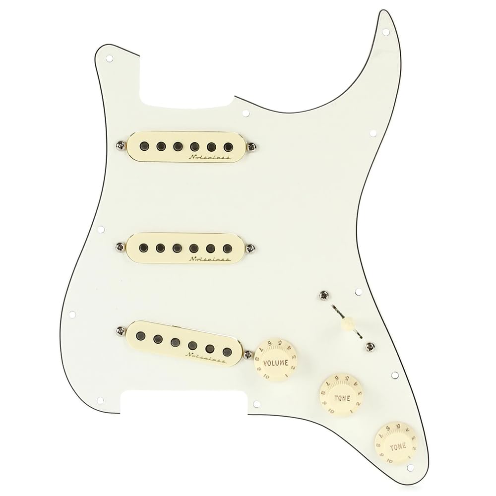 Fender Pre-Wired Strat® Pickguard, Vintage Noiseless SSS, Parchment - 0992344509 Bundle w/ 12-Pack Guitar Pick and Liquid Audio Polishing Cloth