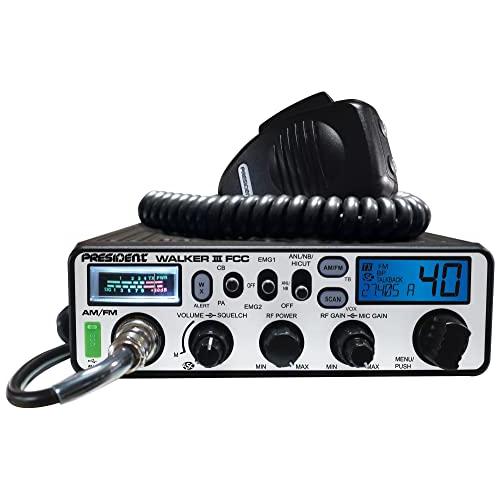 President Walker III FCC AM/FM CB Radio, USB Charging Socket, Roger Beep, Mic Gain, Scan/Scan Skip, 2 Programmable Priority Channels, Talkback Function, Weather Channel, 40 Channels