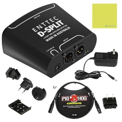 Enttec D-Split 70579 DMX 4 Port Isolated Splitter/Isolator (5-Pin) Bundle w/3-Pin DMX Lighting Cable and Liquid Audio Polishing Cloth