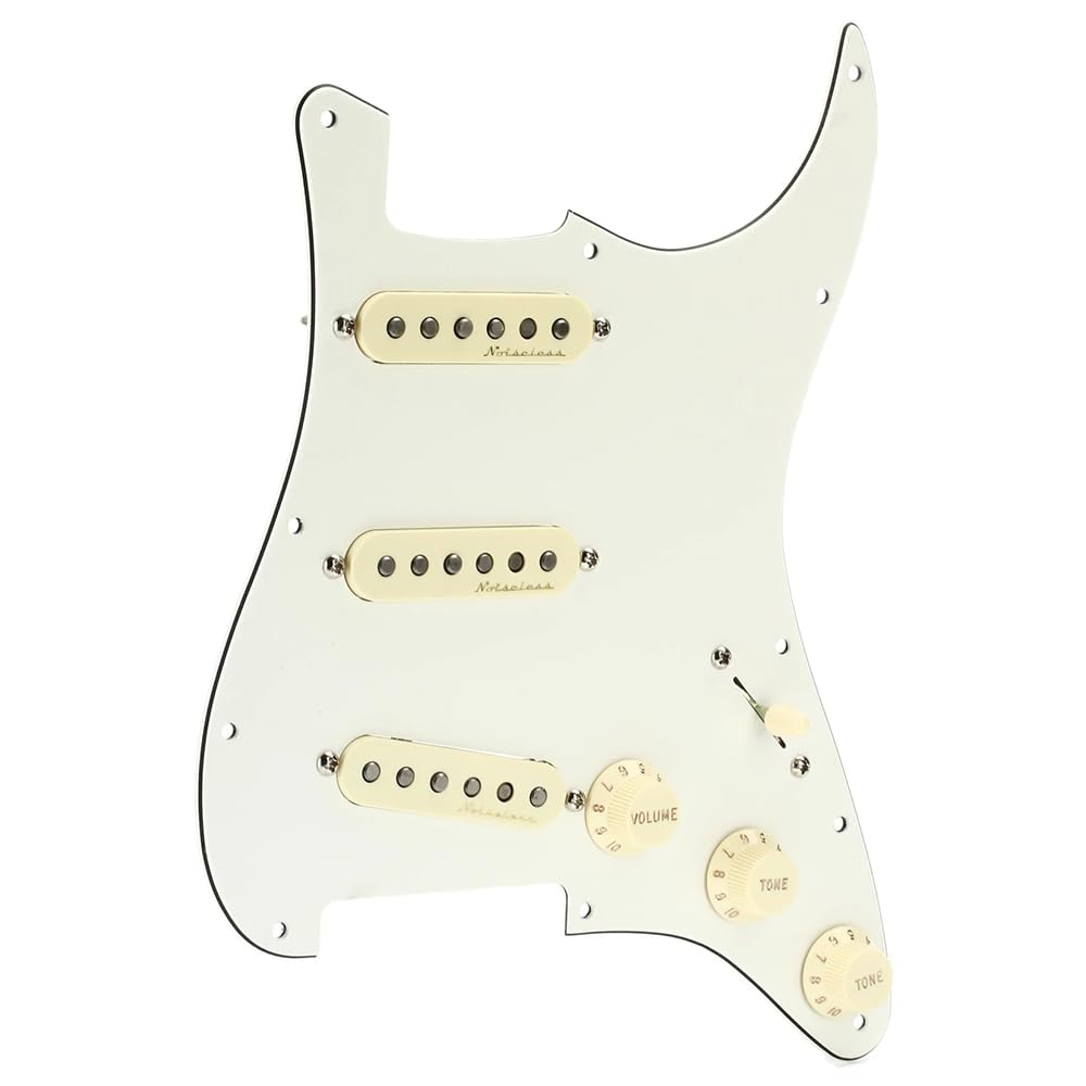 Fender Pre-Wired Strat® Pickguard, Vintage Noiseless SSS, Parchment - 0992344509 Bundle w/ 12-Pack Guitar Pick and Liquid Audio Polishing Cloth