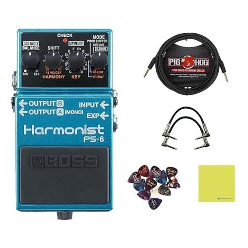 Boss PS-6 Harmonist Pedal Bundle w/ 2-Pack Strukture S6P48 Woven Right Angle Patch Cable, Pig Hog PCH10BK 