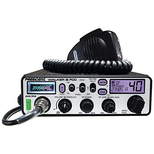 President Walker III FCC AM/FM CB Radio, USB Charging Socket, Roger Beep, Mic Gain, Scan/Scan Skip, 2 Programmable Priority Channels, Talkback Function, Weather Channel, 40 Channels