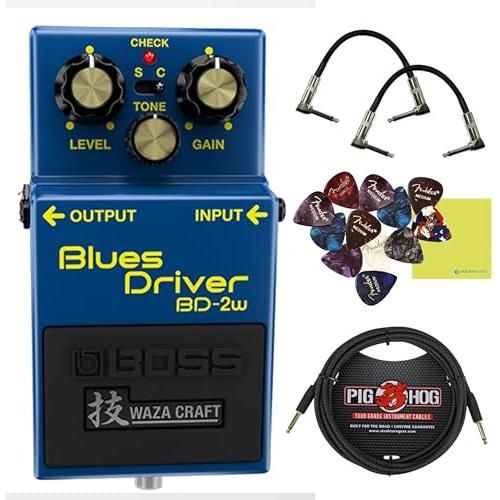 Boss BD-2W Blues Driver Pedal Bundle w/ 2-Pack Strukture S6P48 Woven Right Angle Patch Cable, Pig Hog PCH10BK "Black Woven" Instrument Cable, 12-Pack Guitar Pick and Liquid Audio Polishing Cloth