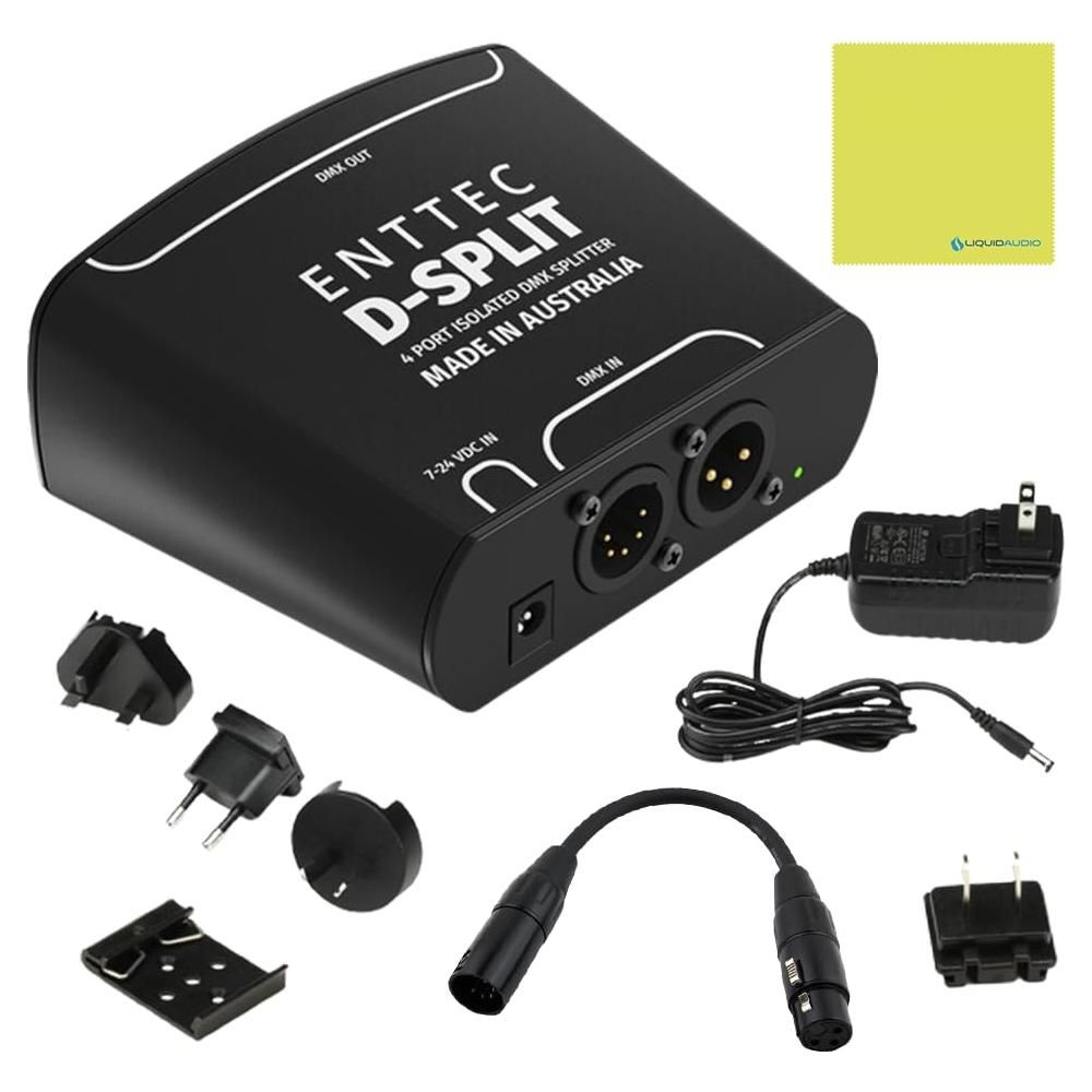 Enttec 70578 D-Split DMX 4 Port Isolated Splitter/Isolator (3/5-Pin) Bundle w/DMX Adapter 5 Pin(M) to 3 Pin(F) XLR and Liquid Audio Polishing Cloth