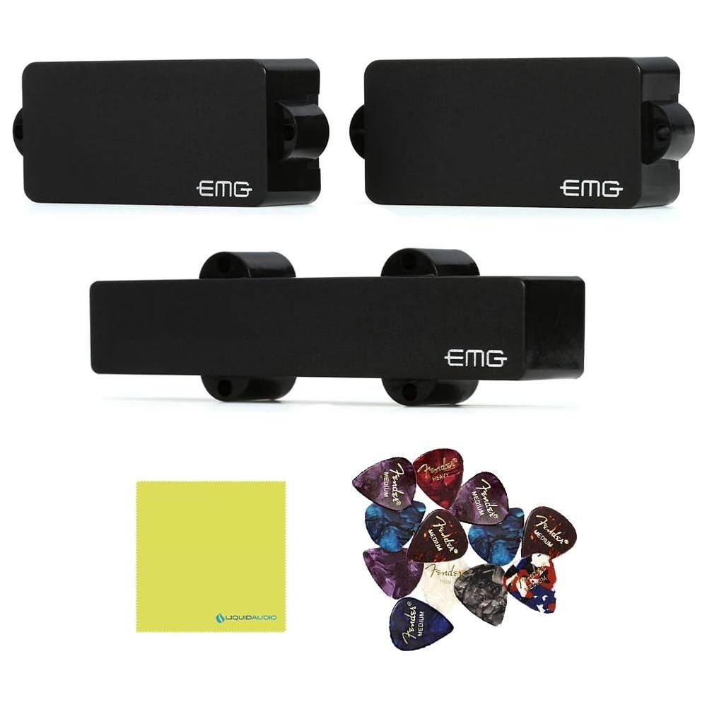 EMG PJ Set Active Ceramic PJ Bass Pickup Set, Black Bundle w/ 12x Guitar Picks and Liquid Audio Polishing Cloth