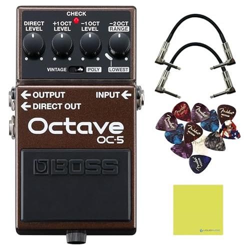 Boss OC-5 Octave Pedal Bundle w/ 2-Pack Strukture S6P48 Woven Right Angle Patch Cable, 12-Pack Guitar Pick and Liquid Audio Polishing Cloth