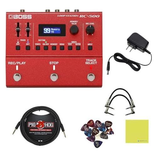 Boss RC-500 Loop Station Bundle w/ 2-Pack S6P48 Woven Right Angle Patch Cable, Pig Hog "Black Woven" Instrument Cable, 12-Pack Guitar Pick, 9V Power Adapter & Liquid Audio Polishing Cloth